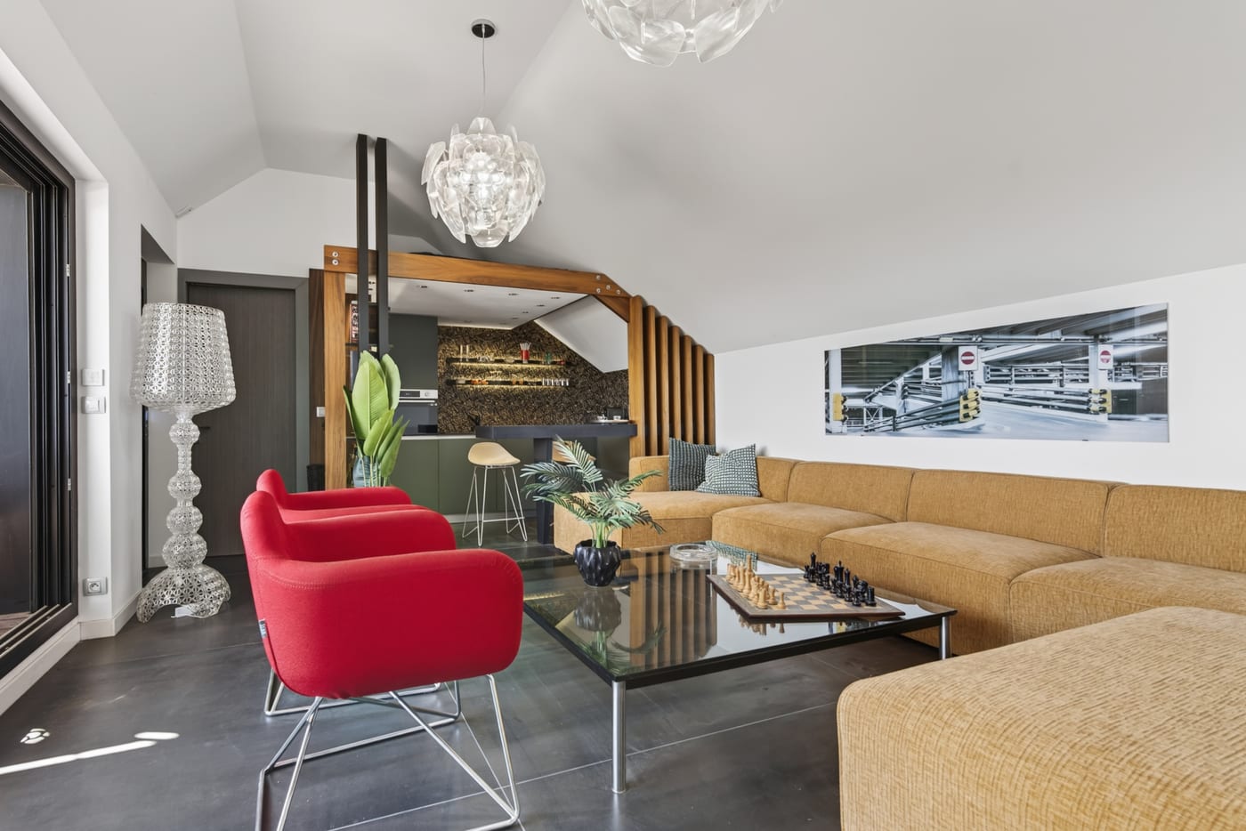 Living area with vaulted ceiling