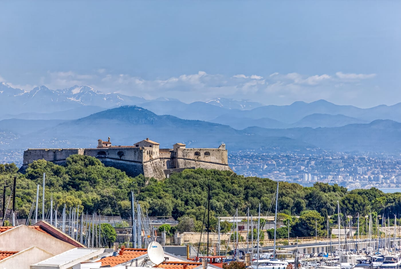 Fort Carré, Port Vauban, and the Mediterranean coast viewed from above Antibes